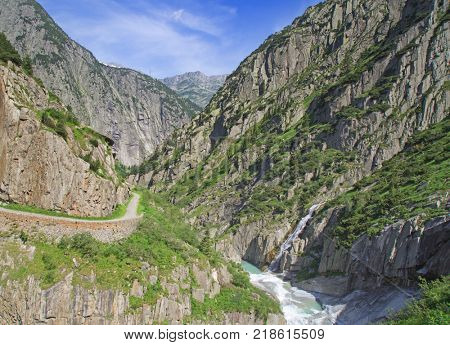 Reuss river in the swiss alps, Devil's bridge nearby Andermatt city, Switzerland