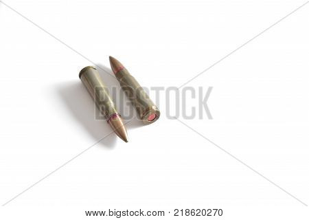 Two rifle bullets isolated on a white background. Military ammunition