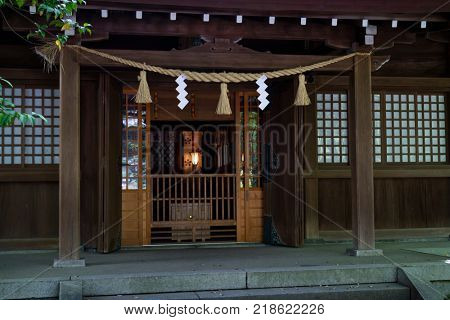 Kanazawa - Japan, June 9, 2017: Entrance of a shrine at Kanasawa castle grounds at twilight