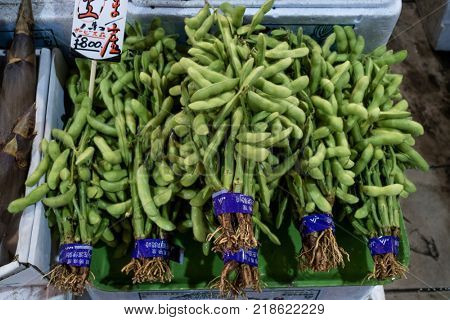 Kanazawa - Japan, June 8, 2017: Fresh bunches of green  edamame, immature soybeans in the pod, at the Omicho Market 