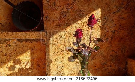 Bouquet of red roses of winter in an interior of a house of farmer