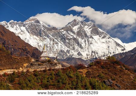 Everest, Himalayas, landscape between way to Everest Base Camp, Nepal.Snow capped mountain top highest in the world.