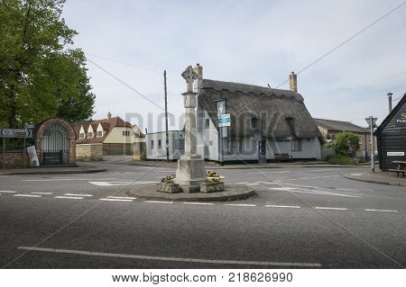 FOWLMERE, CAMBRIDGESHIRE, UK, MAY 2017 - War memorial in the centre of Fowlmere Village Cambridgeshire England UK