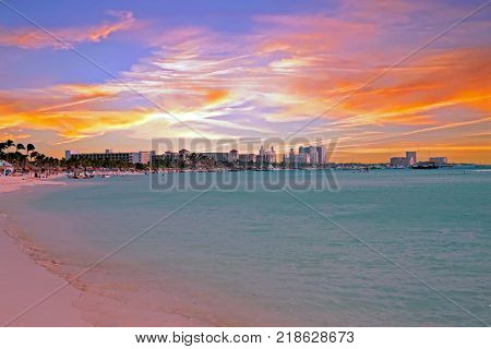 Palm Beach on Aruba island at sunset