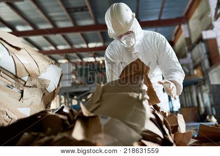 Portrait of  factory worker wearing biohazard suit sorting reusable cardboard on recycling plant, copy space