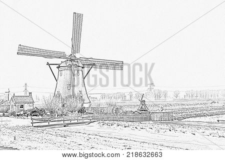 Pencil drawing from a historical windmill in the countryside from the Netherlands in winter