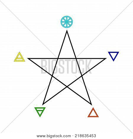 Pentagram with Five Elements Icon Symbol Design. Vector illustration isolated on white background. Spirit Air Earth Fire and Water.