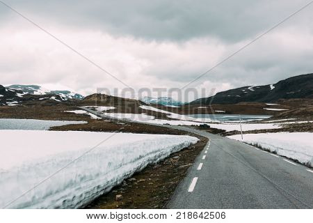 Famous Aurlandsvegen (Bjorgavegen) mountain road in Aurland, Norway in summer time.