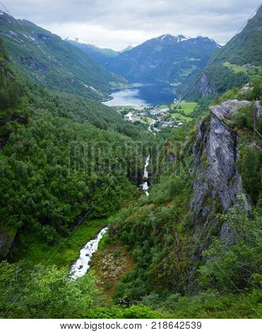 Breathtaking view of Sunnylvsfjorden fjord from high viewpoint on Geiranger village in western Norway