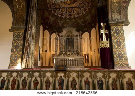VAGHARSHAPAT ARMENIA - SEPTEMBER 17 2017: Inside one of the oldest Etchmiadzin Cathedrals in the world. It has unique architectural style and design. Catedral and Altar