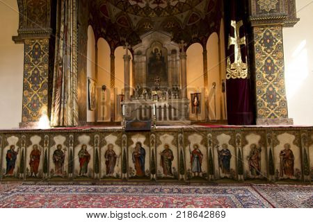 VAGHARSHAPAT ARMENIA - SEPTEMBER 17 2017: Inside one of the oldest Etchmiadzin Cathedrals in the world. It has unique architectural style and design. Catedral and Altar