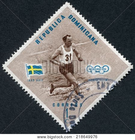 DOMINICAN REPUBLIC - CIRCA 1957: A stamp printed in the Dominican Republic the Olympic champion Lars Hall Sweden Pentathlon circa 1957