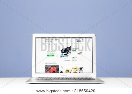 KYIV, UKRAINE - OCTOBER 26, 2017: Apple MacBook Air with eBay homepage on screen. eBay is multinational e-commerce corporation