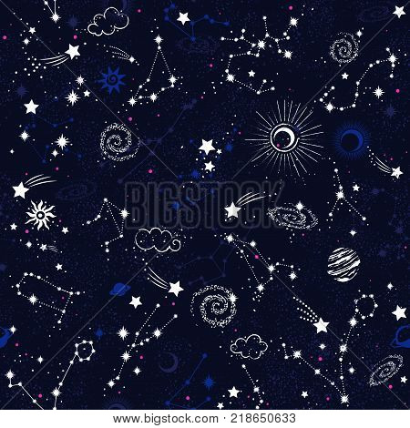 Galaxy constilation seamless pattern print could be used for textile, zodiac star yoga mat, phone case