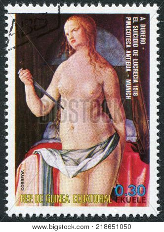 EQUATORIAL GUINEA - CIRCA 1975: A stamp printed in the Equatorial Guinea shows a painted picture of Albrecht Duerer 