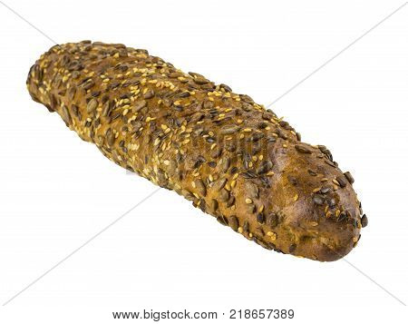 Freshly baked bread from wheat flour with sunflower seeds, pumpkin, sesame isolated on a white background. Baking for a healthy diet.