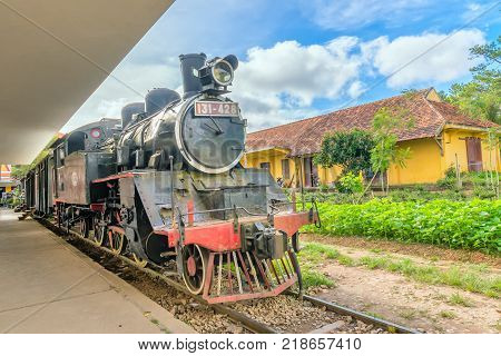 Da lat, Viet Nam - November 27th, 2017: Ancient railway station is famous place, history destination for traveller, french architecture, antique train tranport tourist to visit in Da lat, Vietnam