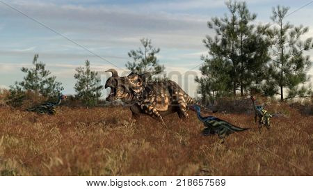 3d rendering of the einiosaurus attacked by caudipteryxes
