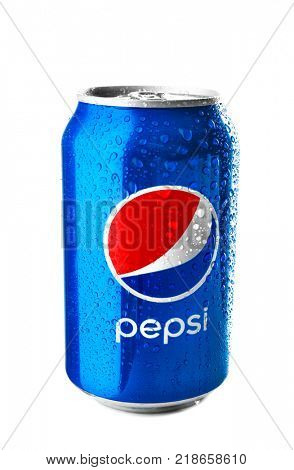 KYIV, UKRAINE - SEPTEMBER 18, 2017: Can of Pepsi on white background