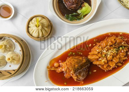 Enjoying traditional Shanghai food including dumplings, stewed meatball and mandarin fish with pine nuts