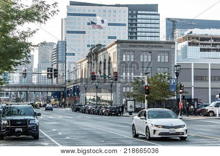 Boston, MA, USA 05.09.2017 - Skyscrapers Skyline with daily car traffic on the road