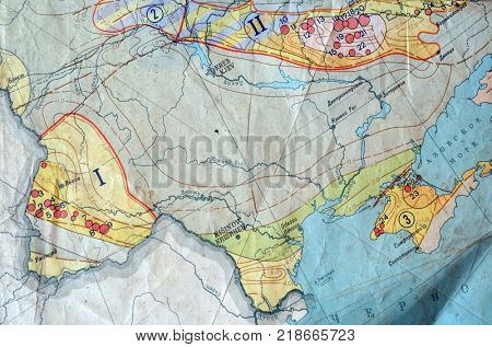 ILLUSTRATIVE EDITORIAL.Fragment -MAP of the USSR GAS AREAS. Circa 1970.Former Soviet Ukraine.Kiev,Ukraine December 12 ,2017