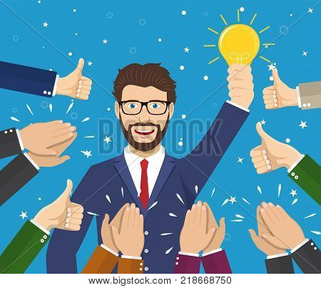 Businessman holding up a idea. Good idea. Human hands clapping. Applaud hands and hold thumbs up. Vector illustration in flat style
