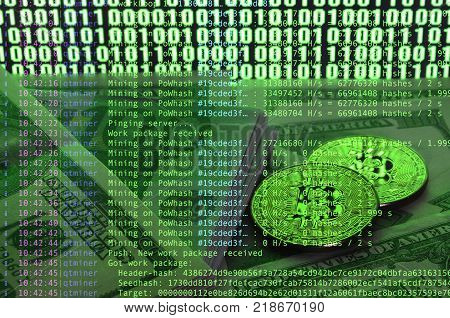 Image of the program code showing the process of mining the crypto currency in the background of the image with bitcoin