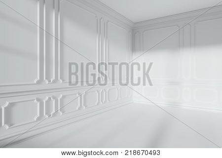 Simple empty white room corner interior with sunlight from window with white decorative classic style molding frames on walls with flat ceiling floor and baseboard 3d illustration.
