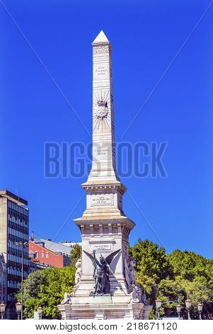 Praca de Restauradores Restoration Square Lisbon Portugal. Column to Restoration of Portugal's Independence from Spain in 1640.
