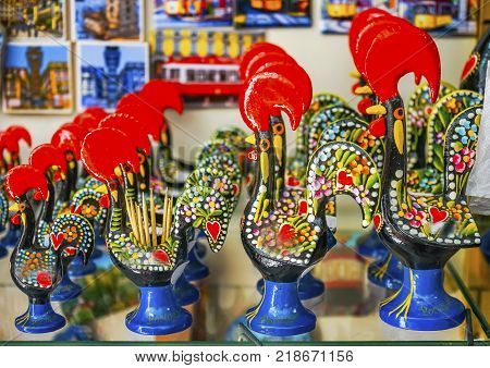 Red Rooster Iron Paperweights Souvenirs Colorful Handicrafts Lisbon Portugal. Rooster is the symbol of Portugal