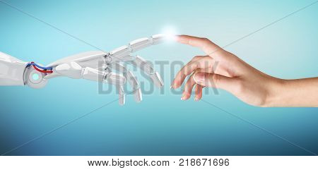 Human hand touching an android hand. Concept of contact human and technology. 3d rendering.