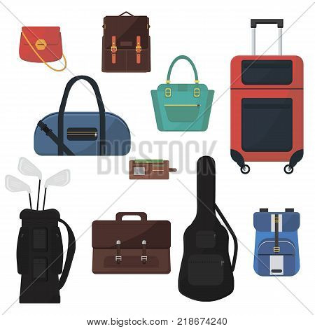 Set of difenent bags. Suitcase on wheels, woman's handbags, guitar case, golf bag, schooler backpack, man's briefcase, wallet. Colorful accessories. Flat vector design isolated on white background