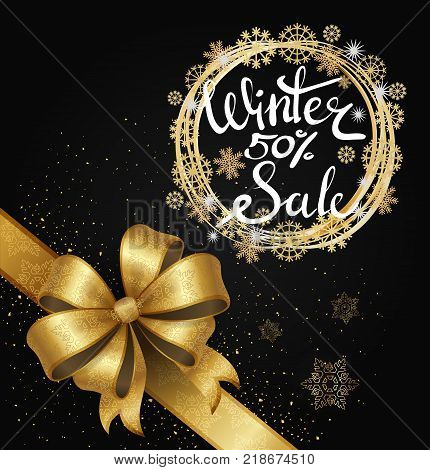 Winter sale 50 poster in decorative frame, silver and gold snowflakes of gold glitter on black and bow on ribbon in corner on black vector