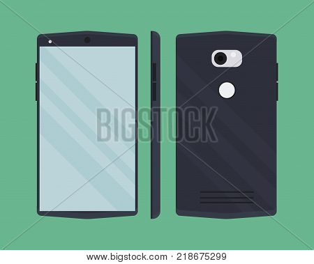 Modern smartphone in flat style. Device set. Front, back and form the side view mockup template. Vector illustration.