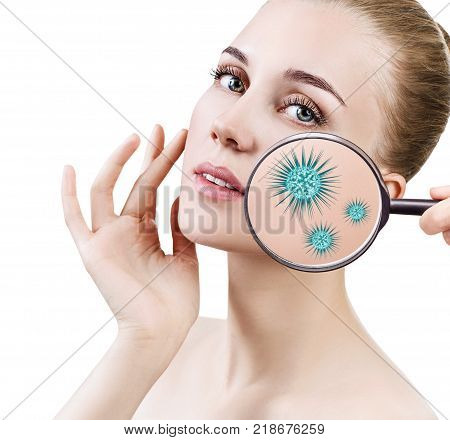 Magnifying glass with microbes on female face. Isolated on white. Causative agents of acne concept.