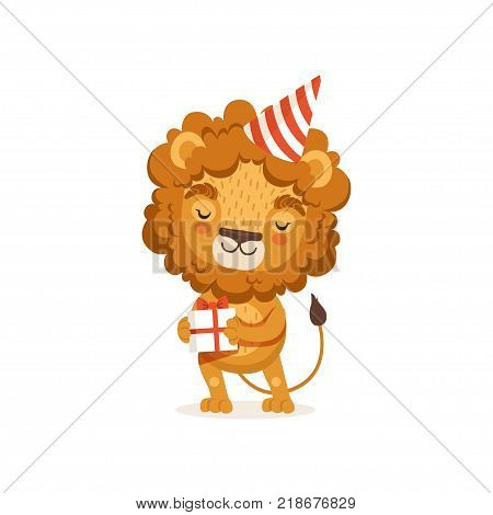 Young lion cartoon character wearing party hat and holding gift box. African animal with lush mane and cute tail. Illustration for children book, kids print, greeting. Flat vector isolated on white.