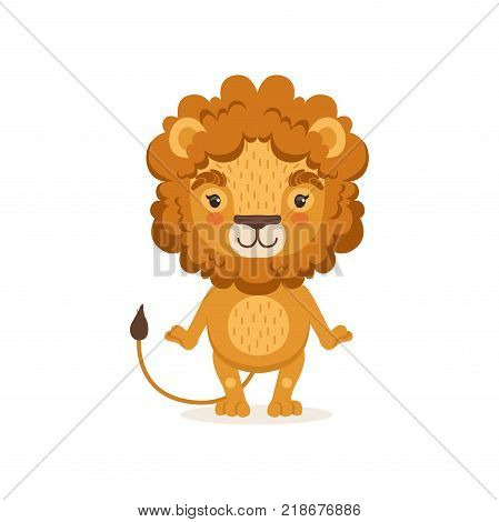 Adorable lion cartoon character standing and posing with paws down. African safari animal with lush mane. Children print for t-shirt, card or book. Flat design vector illustration isolated on white.