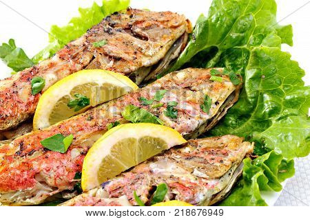 Grilled red fish with lettuce and lemon