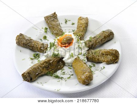 Greek Sarmadakia with tzatziki sauce and olive