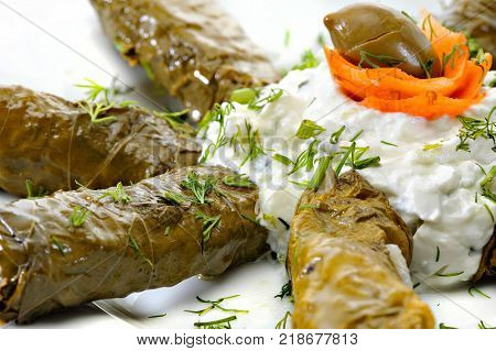 Greek Sarmadakia with tzatziki sauce and olive
