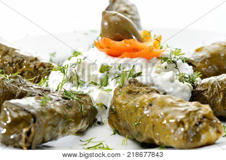 Greek Sarmadakia with tzatziki sauce and olive