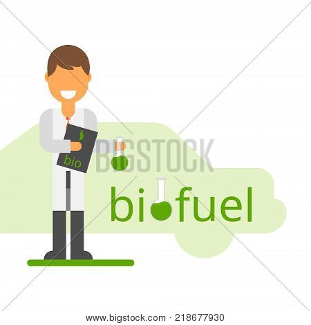 Scientist invented eco-fuel. Vector illustration in a flat style.