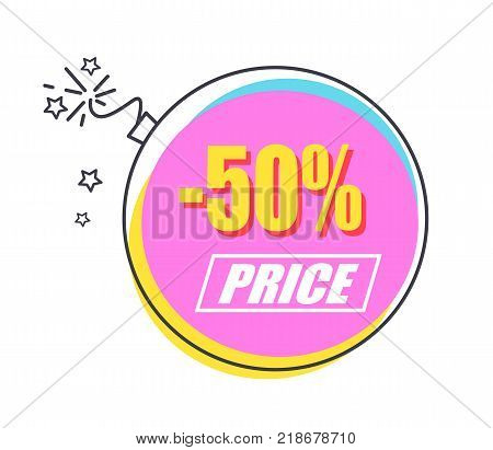 50 sale promo sticker in shape of bright lighted bomb vector illustration. Short-period action with half price for all purchases commercial logotype.