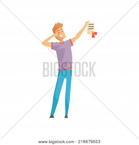 Happy young man holding diploma with red ribbon. Successful or lucky guy. Cartoon male character in casual outfit: purple t-shirt and blue jeans. Vector illustration in flat style isolated on white.