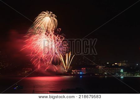 Fireworks over the city of Pattaya city,Thailand.tourist city,famous place in Thailand.
