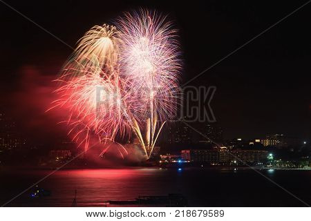 Fireworks over the city of Pattaya city,Thailand.tourist city,famous place in Thailand.