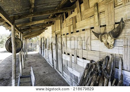 Indigenous village in tribal area of India.north east asia skull old traditional house bamboo
