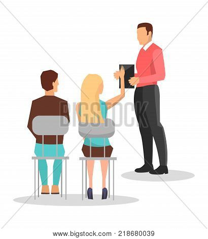 Business training, boss and employees sitting in front of him, blonde woman with raised hand ready to give her question vector illustration