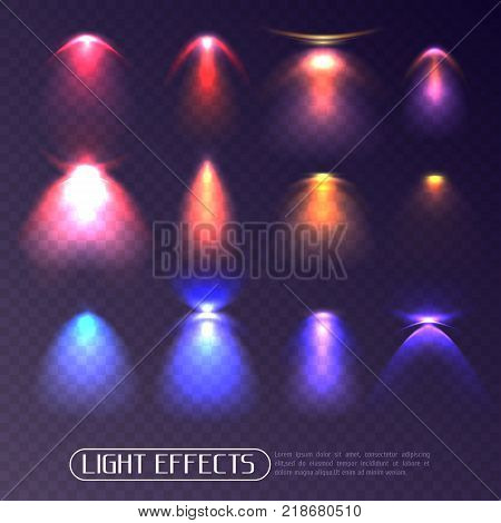 Set of colored artificial light effects of various intensity isolated on transparent background vector illustration